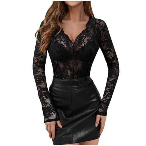 Sexy Tops for Women Floral Lace Long Sleeve Top Sheer See Through Transparent Mesh V Neck Blouses Slim Fit Party Club Night Shirt Cropped T-Shirt Casual Sexy Pullover Lightweight Top Ladies