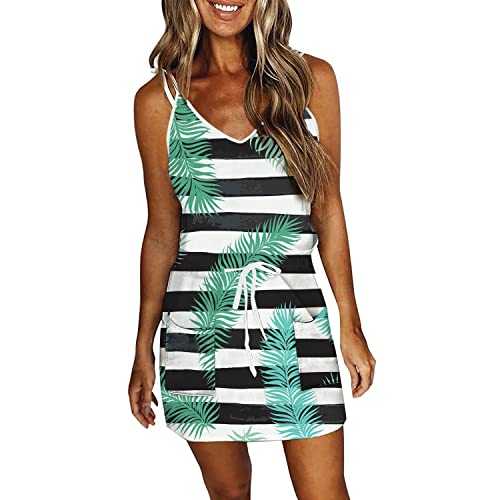 HOOUDO Strappy Summer Dresses for Women Waist Drawstring Striped Print Tank Dresses Knee Length Elegant Boho Dresses Ladies Sexy Shirt Dresses with Pockets