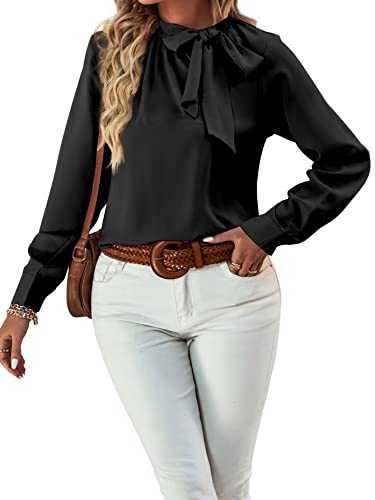 Umenlele Women's Elegant Tie Knot Mock Neck Ruched Long Sleeve Blouse Shirt Top