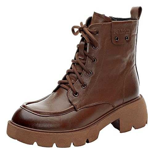 rismart Women's Lace up Ankle Boots with Zip Chunky Heel Round Toe Leather Combat Bootie