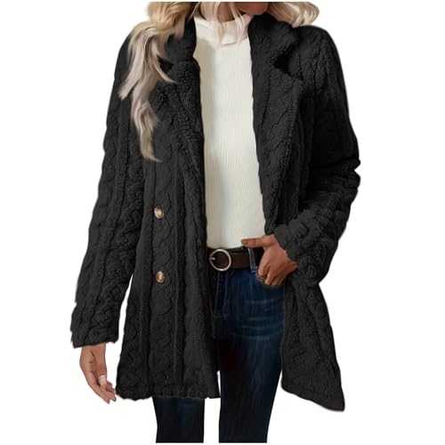 Teddy Fleece Jacket Women Button Down Sherpa Fluffy Coats Solid Double Fleece Warm Jacket Long Sleeve Cardigan Comfortable Lightweight Winter Jacket Stand Collar Outerwear UK Size 8-16