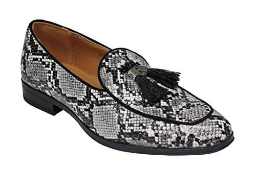 Mens Black White Snakeskin Print Effect PU Leather Tassel Loafers Slip on Shoes