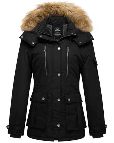 Wantdo Women's Quilted Winter Coat Faux Fur Hooded Puffer Jacket Ladies Warm Padded Parka Waterproof Windproof Outerwear