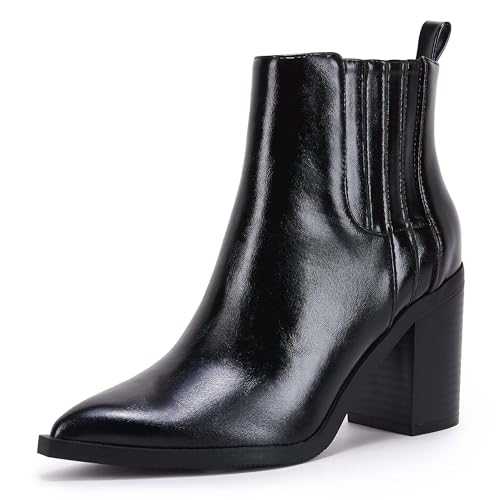 Womens Ankle Boots Slip on Pointed Toe Chunky Block Mid Heel Leather Elastic Panel Casual Chelsea Western Booties