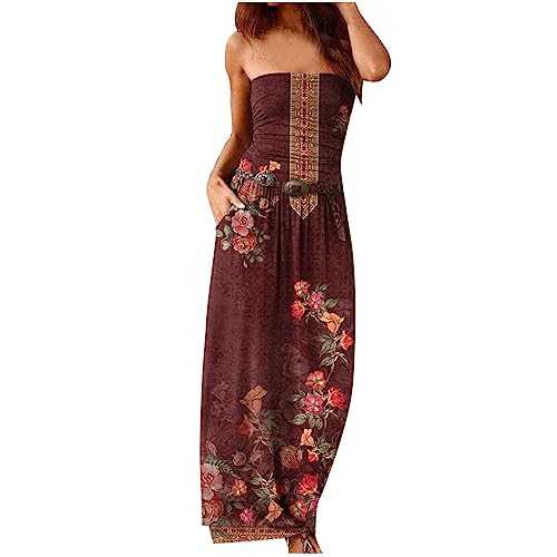 Womens Dresses UK Clearance Summer Casual Sleeveless Long Dress Bohemian Floral Print Dress with Belt Ladies T Shirt Dress Flowy Swing Holiday Clothes Loose Maxi Dresses Beach Cover-Ups Dresses