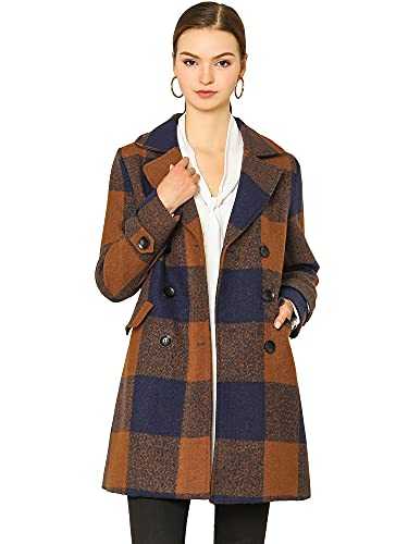 Allegra K Women's Buffalo Checks Double Breasted Notched Lapel Winter Long Plaid Trench Coat, Brown, M