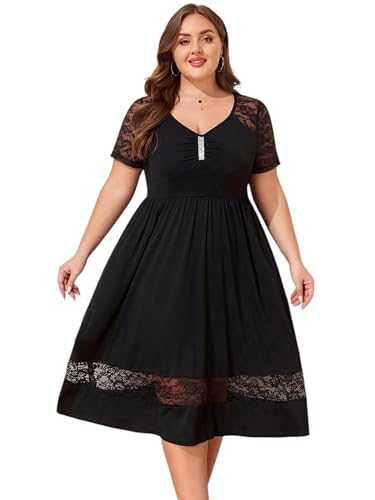 LapaPlus 2025 Women Plus Size Lace Summer Dress - V Neck Elegant Casual Black Midi Dress with Pockets