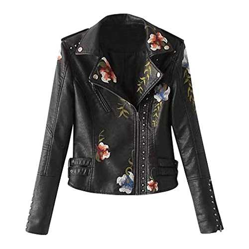 Cocila Womens Leather Jacket Casual Fashion Long Sleeve Embroidered Zipper Slim PU Biker Bomber Jackets Vintage Short Coat
