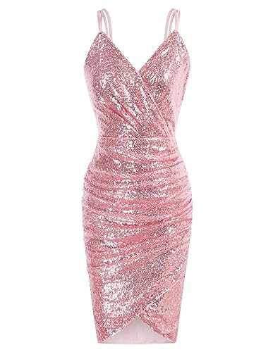 GRACE KARIN Women Sequined Velvet Spaghetti Dress V-Neck Bodycon Mini Wrapped Dance Party Cami Dress