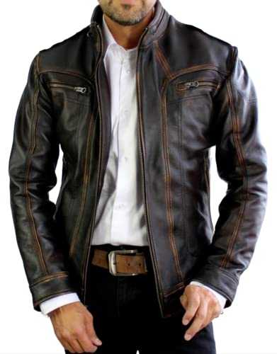 Hafsah Mens Real Leather Biker- Motorcycle Distressed Black Genuine Leather Jacket-Men vintage Biker Leather Jacket Golden Stripe Aged Brown