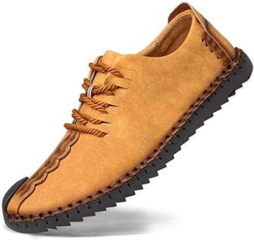 Men's Casual Oxfords Shoes Dress Loafers Lace Up Shoes Handmade Retro British Style Business Flat Loafers Driving Shoes Yellow 9.5UK