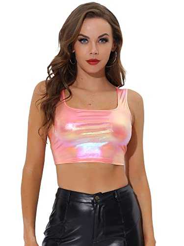 Allegra K Women's Crop Top Vest Tank Top U Neck Sleeveless Party Clubwear Shiny Metallic