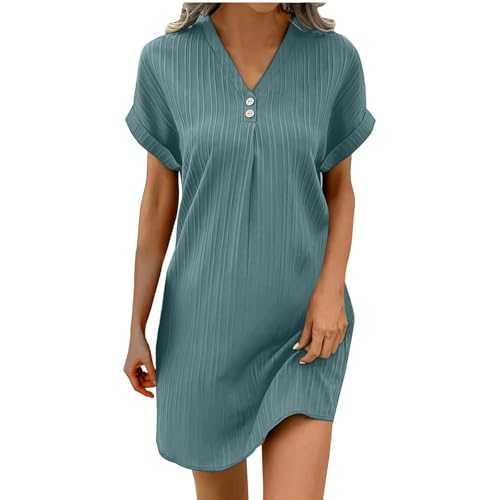 Summer Dresses for Women UK Fashion Solid Color Button Mini Dress Casual V Neck Short Dress Loose Fit Short Sleeve Sport Dresses Elegant Flowy Hem Bodycon Dress for Daily Office