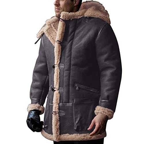 Cocila Winter Jackets Men Winter Button Coat Lapel Collar Long Sleeve Padded Leather Jacket Vintage Thicken Coat Sheepskin Jacket Mens Long Pea Coat Winter Long Jackets Men