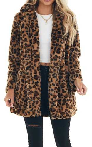 FEOYA Women's Faux Fur Fluffy Leopard Print Jacket Long Sleeve Open Front Midi Coat with Pockets Soft Loose Lapel Shaggy Cardigan Autumn Winter S-3XL