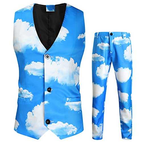 werw Men's Two-piece Sets Fashion Casual Printed Pant Vest Suit Formal Work Soft Handsome Suit Winter Windeproof Set Mens Clothing 2 Pieces Sets (Blue, L)