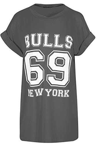 MBN Womens Bull 69 Newyork Varsity Baggy Oversized Top Ladies Turn Up Sleeve T Shirt