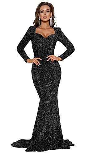 Loyeloy Mermaid Long Sleeve Prom Dresses for Women 2023 Sparkly Sequin Bodycon Formal Evening Gowns