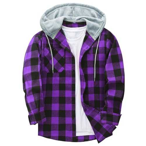 Flannel Plaid Shirts Jacket for Men UK Clearance Button Down Long Sleeve Hoodie with Pocket Fall Winter Warm Coats Thicken Plush Outwear Casual Loose Comfy Jackets