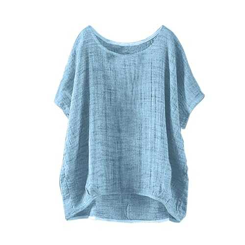 Casual T Shirts for Women Cotton Linen Crew Neck Solid Color T Shirt Plus Size Half Sleeved Tops Fashion Work Lightweight Breathable Loose Blouse Womens Tunic