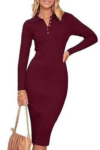 Womens 2023 V Neck Ribbed Sweater Dress Long Sleeve Bodycon Knit Midi Dresses