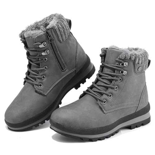 Hanani Snow Boots Womens Winter Boots Ankle Boots Waterproof Fur Lined Leather Walking Boots Lace Up Zipper Lightweight Outdoor Ladies Warm Shoes Non Slip Mid Calf Boots Girls