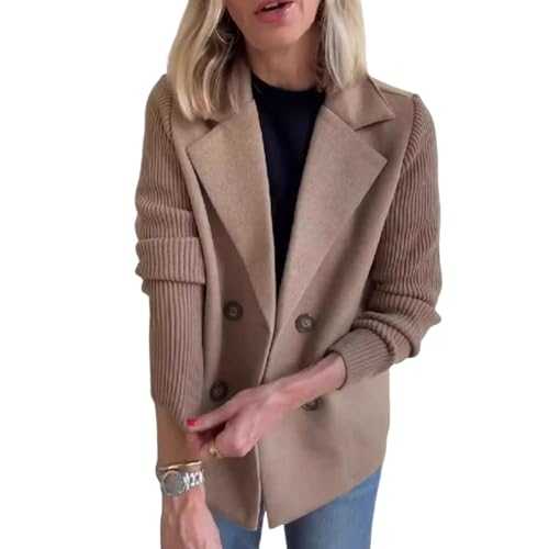 Nbzsmlkn Women's Lapel Button Knitted Patchwork Sleeve Casual Coat Cropped Pea Coat,Women's Winter Pea Coat Double Breasted Knitted Patchwork Blazer Sweater