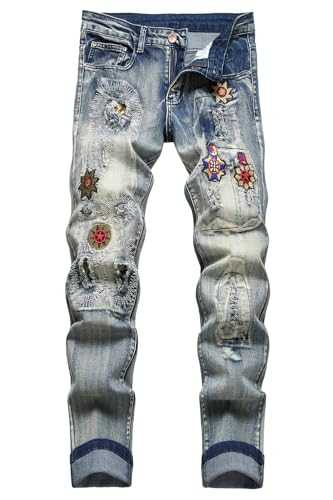 Baylvn Men's Fashion Ripped Distressed Straight Slim Fit Embroidered Patched Jeans Skinny Patchwork Jeans