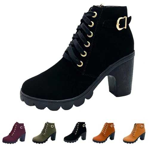 KKvoPiQ Plain Short Boots Made of PU Short Boots with High Heel and Lacing Shoes Women's Ankle Boots Black with Heel