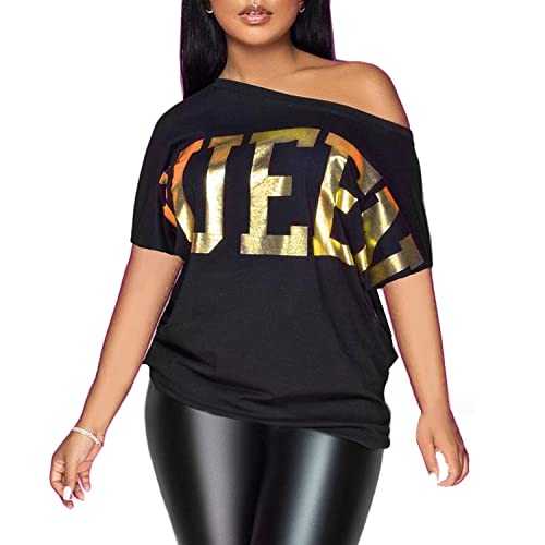 PESION Womens Off The Shoulder Tops Sexy Shiny Shirts Long/Short Sleeves Fashion Graphic T-Shirts Blouses