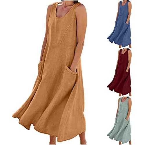 FunAloe Summer Dresses for Women UK Linen Dresses Casual Dresses Summer Dresses Sleeveless Crewneck Dress Women Elegant Plain Cotton Down Long Dress Down Black S