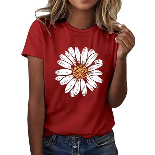 Ladies Tops for Womens T Shirts Summer Sunflower Graphic Print Clothes Round Neck Loose Fit Tshirts Short Sleeve Casual Tees Vacation Outdoor Lightweight Comfortable Tops