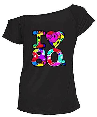 Women's Slash Neck I Love The 80s T Shirt Off Shoulder Lightweight Style Top Ladies Pop Festival Cap Sleeve Disco Style Pattern Retro Basic Shirt UK 8-26