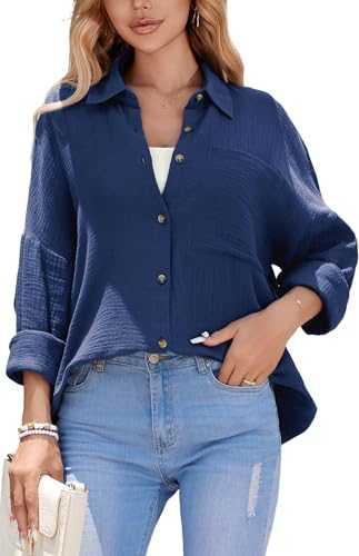 Stamain Women's Blouses & Shirts Cotton Oversized Shirts for Women Long Sleeve Roll-up Loose Fit Casual Shirt with Pocket Buttoned for Beach Party S-2XL