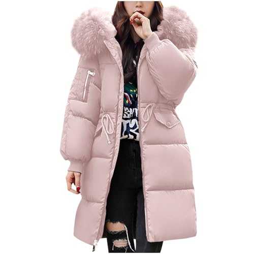 HOOUDO Women's Down Jacket Mid Lenght Winter Puffer Coats Ladies Lightweight Waterproof Jackets with Faux Fur Hood Plus Size Slim Trench Coat Long Sleeve Warm Padded Quilted Outwear Hiking Parka