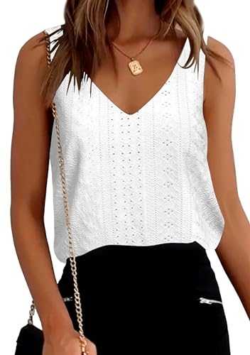 Oyamiki Sleeveless Tops for Women Summer Vest Tops V Neck Eyelet Loose Tank Tops Shirts