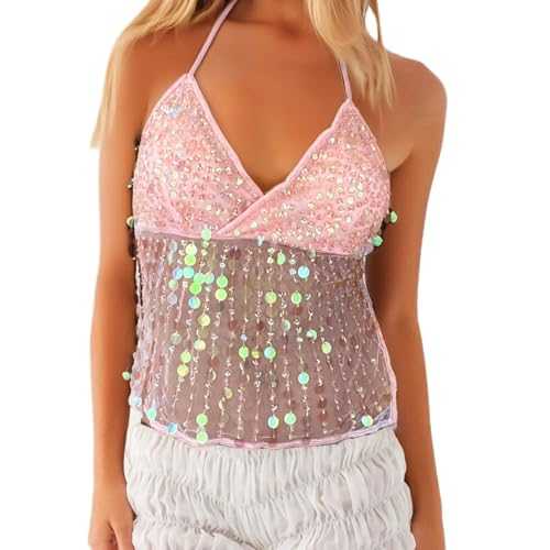RUIWANBBY Women Y2K Sequin Sparkly Halter Top Split Hem Tie up Backless Aesthetic Straps Tank Tops Summer Going Out Camisole
