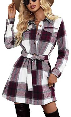 FEOYA Women's Button Up Long/Mid Length Plaid Shacket Flannel/Fleece Lapel Coat with Belt(02) Warm Plush Jacket with Chest Pocket for Autumn Winter S-XL