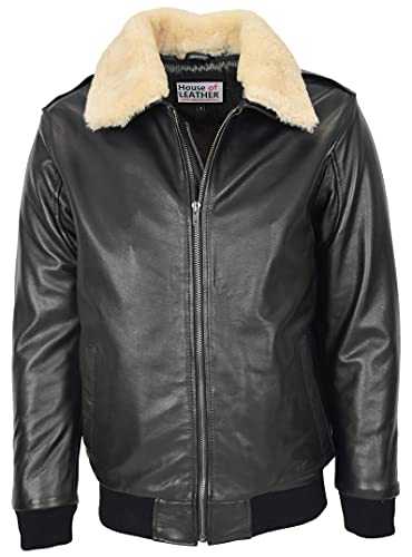 Mens Leather Bomber Jacket Detachable Collar Aviator Pilot Style Viggo Black