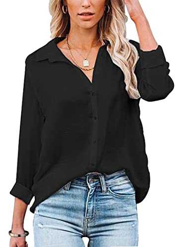 Baynetin Women Blouse Long/Short Sleeve V Neck Shirt Casual Loose Button Down Basic Tunic Solid Color Lapel Shirts