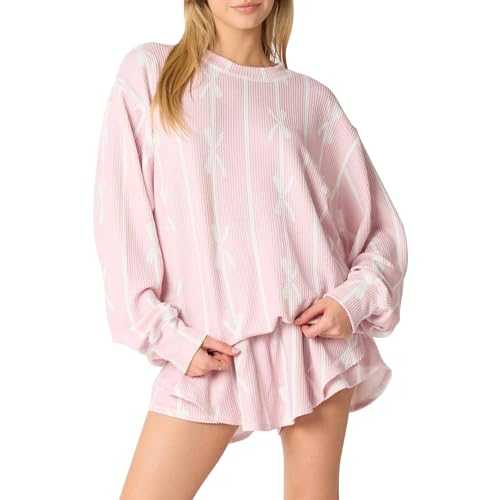 GPLOPEEY Women Christmas Pajamas Cute Print Short Sleeve Button Up Shirt with Shorts 2Pcs Set Loungewear