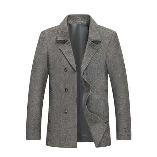 Allthemen Mens Winter Warm Coat Herringbone Tweed Double Breasted Trench Coat Wool Blend Notch Collar Coat