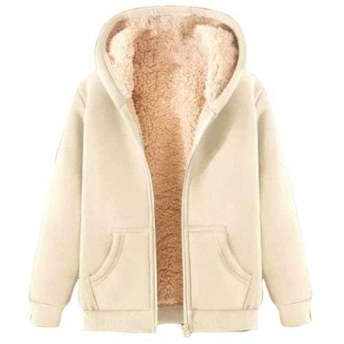 Fleece Jacket for Women Hoodies Lined Full Zip Up Winter Warm Tops Soft Comfortable Hooded Sweatshirt Solid Jumper Hoody Sweater Coat Overcoat Cardigan Fashion Hoodies