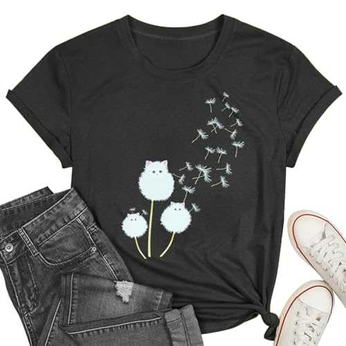 Cat Shirts for Women Flower Shirts Womens Dandelion T-Shirt Cute Dandelion Cat Graphic Print Tee Tops