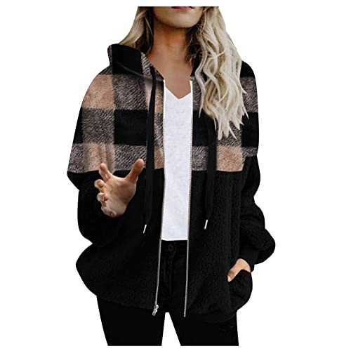 Women's Fleece Hoodies Full Zip Tartan Check Fluffy Hoodie Teddy Fleece Sweatshirt Hooded Winter Warm Casual Loose Comfy Soft Ladies Jumper Tops with Pockets Clearance UK Size 8-16