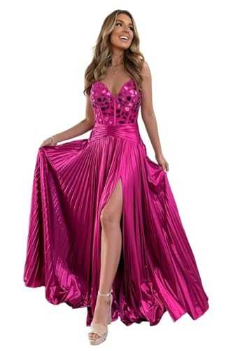 Sparkly Metallic Satin Prom Dresses Spaghetti Straps V Neck Formal Dress Pleated Evening Party Gowns with Slit