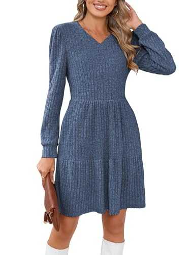 Famulily Women's Jumper Dress Long Sleeve V Neck Winter Knitted Knee Length Dress with Pockets