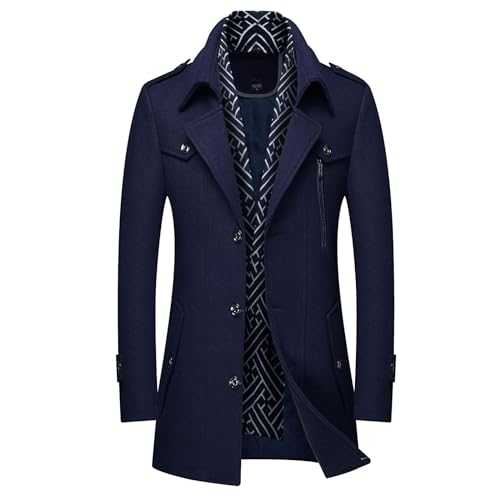 Mens Trench Coat Winter Wool Coat Winter Warm Scarf Collar Jacket Casual Mid Length Overcoat Thick Slim Fit Peacoat Outdoor Windproof Overcoat For Men UK