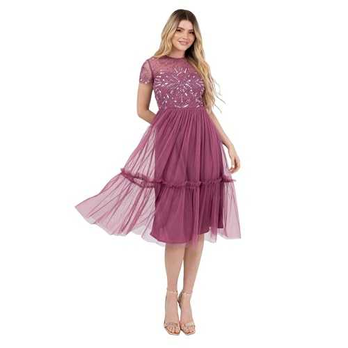 Maya Deluxe Women's Midi Dress Ladies Round Neck Sheer Short Sleeves Sequin Embellished Tulle Ruffle A-line Wedding Guest Occasion
