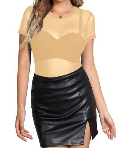 GULJOY Sheer Mesh Tops for Women See Through T-Shirts Short Sleeve Sexy Blouses